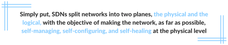 Quote image saying Simply put, SDNs split networks into two planes, the physical and the logical, with the objective of making the network, as far as possible, self-managing, self-configuring, and self-healing at the physical level.
